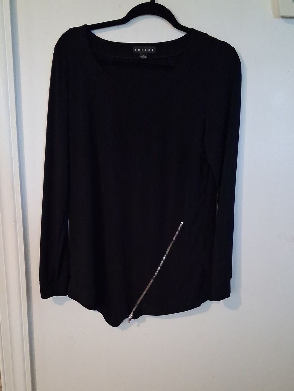 Tribal Black Long Sleeve Tunic with Diagonal Silver Zipper